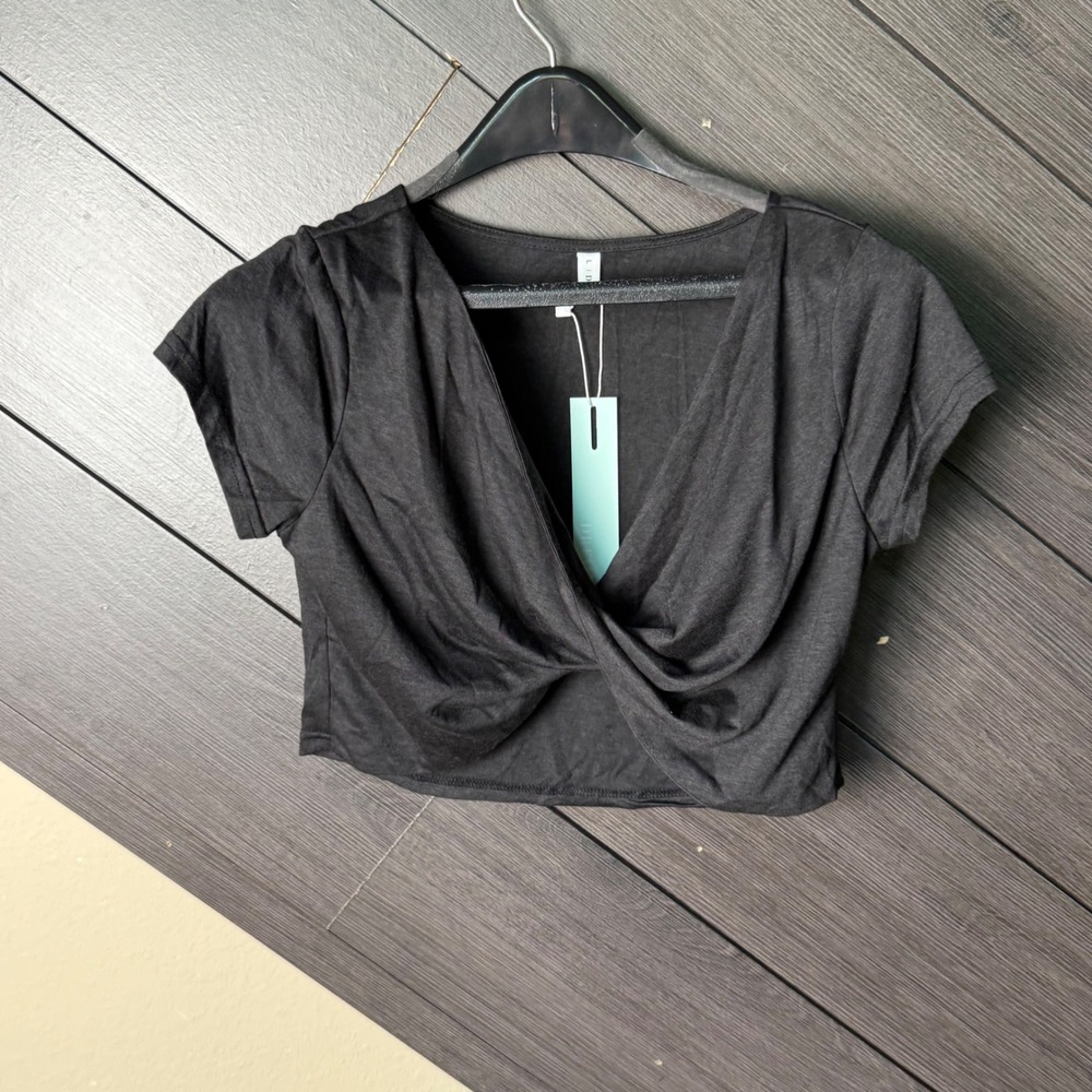 Dressfo Women's Draped Wrap Crop Top Large Charcoal NWT Minimalist Office